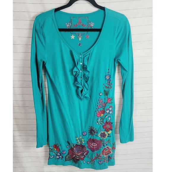 Johnny Was Tops - Johnny Was LA Embroidered Ruffle Button Front Teal Long Sleeve Blouse, sz Med